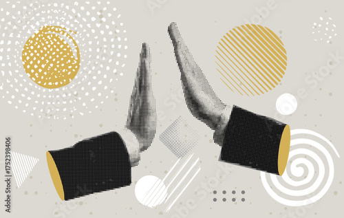 High Five Hands. Halftone retro hands giving each other five. Paper cutout elements. Trendy vintage newspaper parts. Make a deal. Successful agreement. Teamwork concept. Business success
