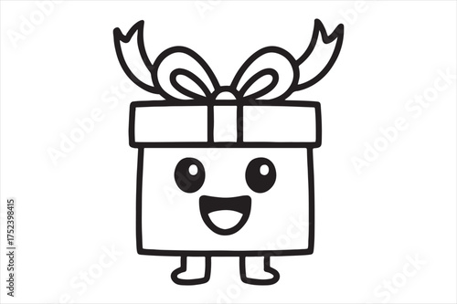 Cute cartoon gift box with smiling face silhouette a white background