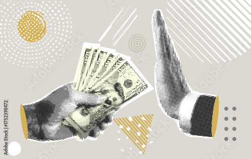 Trendy halftone collage of business concept. Stop Corruption, refusing to take bribery money concept, honest businessman hand refuse to take illegal money banknotes. Trendy modern retro illustration. 