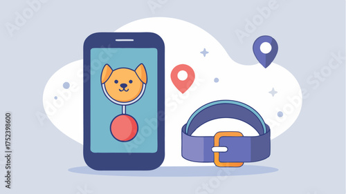 A smart pet collar with a GPS interface that tracks location activity levels and health metrics displayed on a mobile app with a userfriendly design.