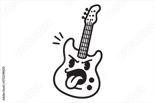 Electric guitar character with a fierce expression silhouette a white background
