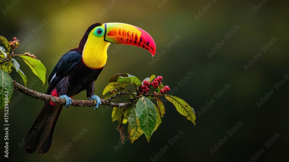 Obraz premium Close-up of a colorful toucan perched on a branch. the toucan has a bright yellow beak with a red tip and a black body. its wings are black and its tail feathers are blue.