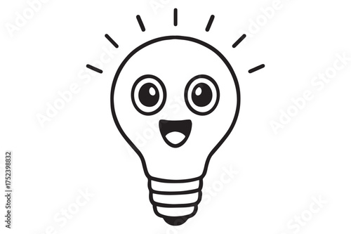 Cute light bulb character icon with smiling face silhouette a white background