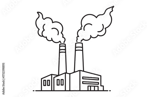 Industrial factory with smoke emitting chimneys silhouette a white background