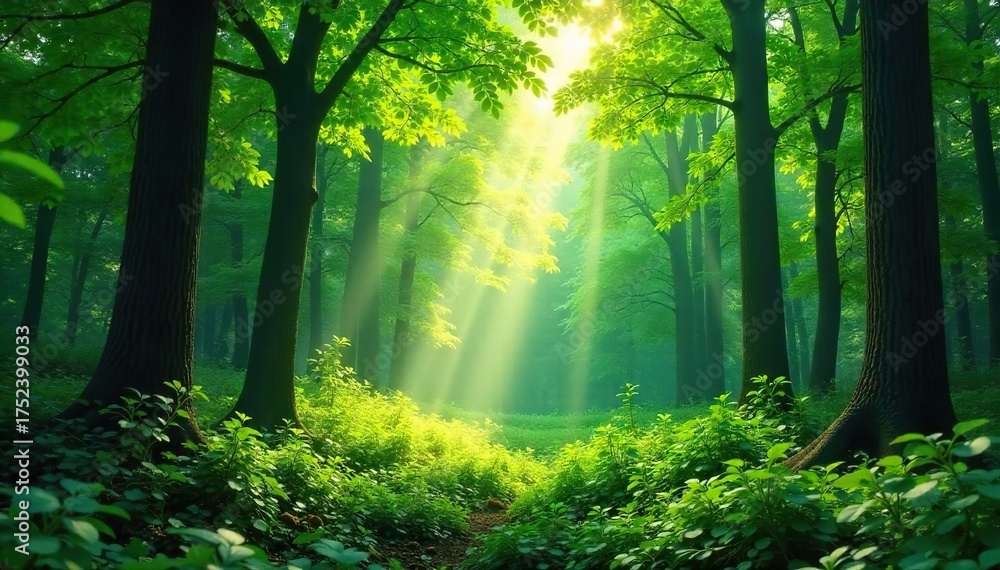 Fototapeta premium Serene Sunlight Dappling Through Lush Green Forest Tranquil Nature Background Perfect for Websites, Presentations & Spring Projects