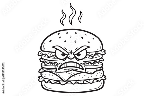 Angry burger cartoon character hot food silhouette a white background