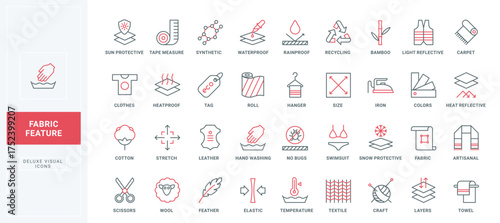 Fabric feature line icons set. Flexible and rainproof layers, wind and sun, snow resist material for clothes, synthetic and cotton textile thin black and red outline symbols vector illustration
