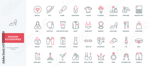 Fashion accessory, clothing and makeup, luxury cosmetics for skin and hair care line icons set. Manicure and sun protection, mirror and hairdryer thin black and red outline symbols vector illustration