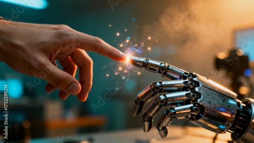 Emotional Scene of a Human and a Robot Hand Connecting with a Golden Glow