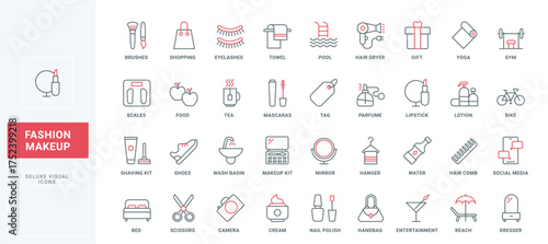 Beauty, fashion makeup and lifestyle line icons set. Food and tea, sport and hygiene, skincare for health. Modern life thin black and red outline symbols, social media and shopping vector illustration