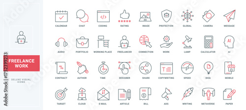 Remote work, freelance line icons set. Digital services and applications for freelancers job, data protection and creation, online workplace thin black and red outline symbols, vector illustration