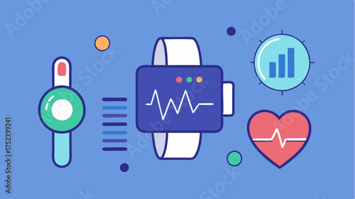 An illustration of wearable health technology such as a smarch tracking heart rate steps and sleep patterns with visual graphs emerging from the device.