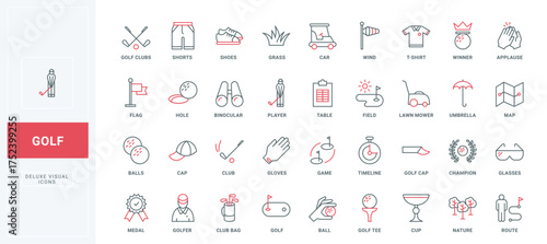 Golf equipment and professional tournament of players line icon set. Bag of clubs and ball for hole on grass field, course map and champion award thin black and red outline symbols vector illustration