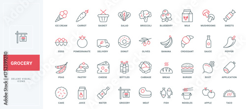 Grocery and supermarket food products for delivery line icons set. Basket of store for fresh meat and fish, fruit and vegetables, milk and cheese thin black and red outline symbols vector illustration