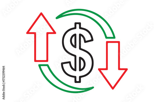 Dollar symbol with up and down arrows icon silhouette a white background