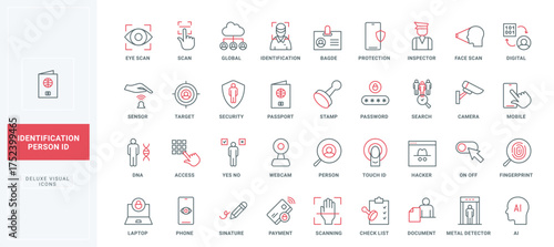 User identification, ID card and employee badge, biometric recognition line icons set. Scanning eye and fingerprint, face in scanner square thin black and red outline symbols vector illustration