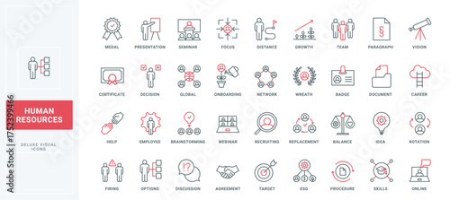 Human resources, employment line icon set. Search and recruit of manager, candidate selection options and skills training, HR vision and strategy thin black and red outline symbols vector illustration