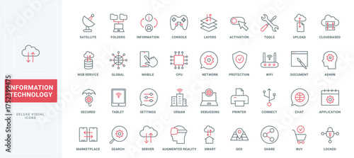 Data technology thin black and red line icons set vector illustration. Outline digital network protection and cloud connection pictograms, internet hosting service, server access and settings