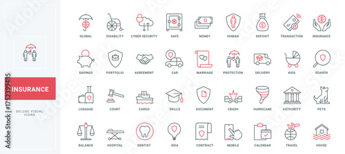 Insurance service line icons set. Safety shield for human and pet health and life, protection from car accident and disability, hospital thin black and red outline symbols vector illustration