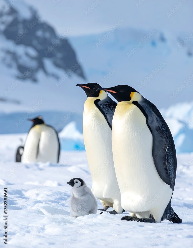 Fototapeta premium Emperor penguins on snowy Antarctic landscape