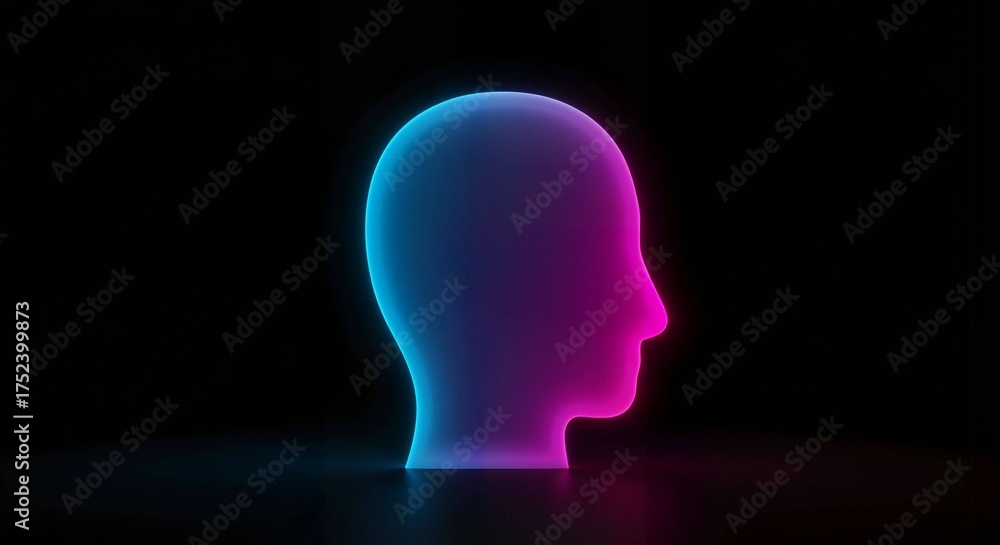 Obraz premium Abstract bald head symbol illuminated in vibrant blue and pink colors 