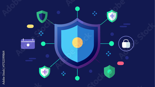 An abstract representation of a glowing shield surrounded by floating icons representing various cybersecurity tools and software.