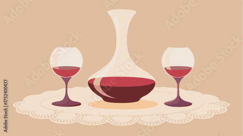 A sophisticated wine decanter with a contemporary design crafted from handblown glass accompanied by two designer wine glasses on a lace tablecloth.