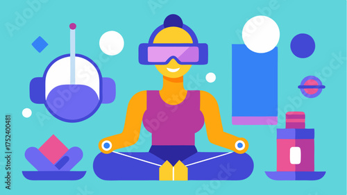A vibrant scene with multiple wearables including smart glasses and earbuds all monitoring health metrics during a yoga class.