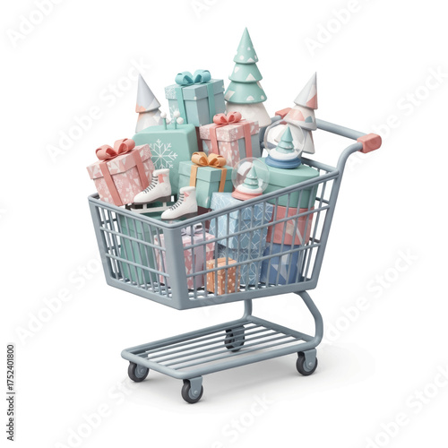 A shopping cart overflowing with wrapped presents, ice skates, and festive decorations, ready for the holidays.