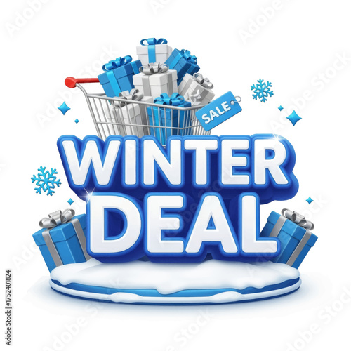 3D illustration of a 'WINTER DEAL' promotional banner with a shopping cart full of gift boxes and snowflakes on a snowy platform, advertising seasonal sales and discounts.