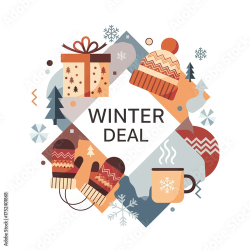 A festive winter deal graphic featuring a gift box, mittens, a hat, and a mug of hot cocoa surrounded by snowflakes and pine trees.