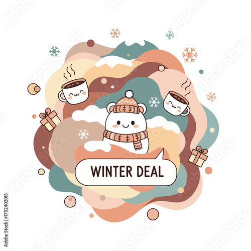 A cute cartoon polar bear in a winter hat and scarf with steaming mugs, gift boxes, and snowflakes, announcing a "WINTER DEAL" in a cozy, pastel-colored abstract background.
