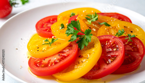 カラフルなトマトを繊細に重ねた美しい盛り付けのヘルシーサラダ料理の表現