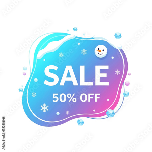 Winter Sale 50% Off with Snowman and Snowflakes Graphic.
