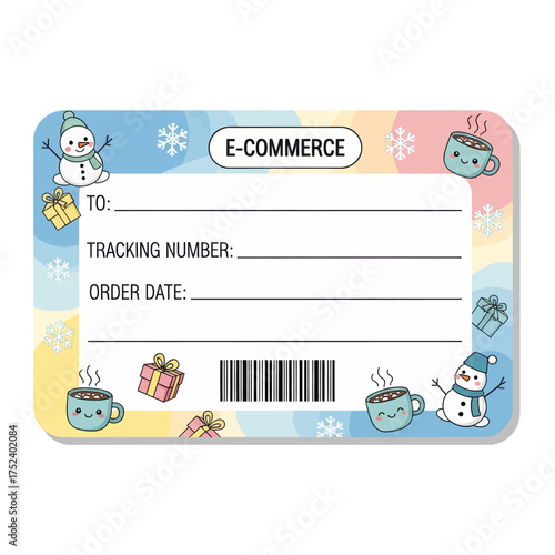 Cute winter-themed e-commerce shipping label with snowmen, gifts, and hot cocoa mugs.