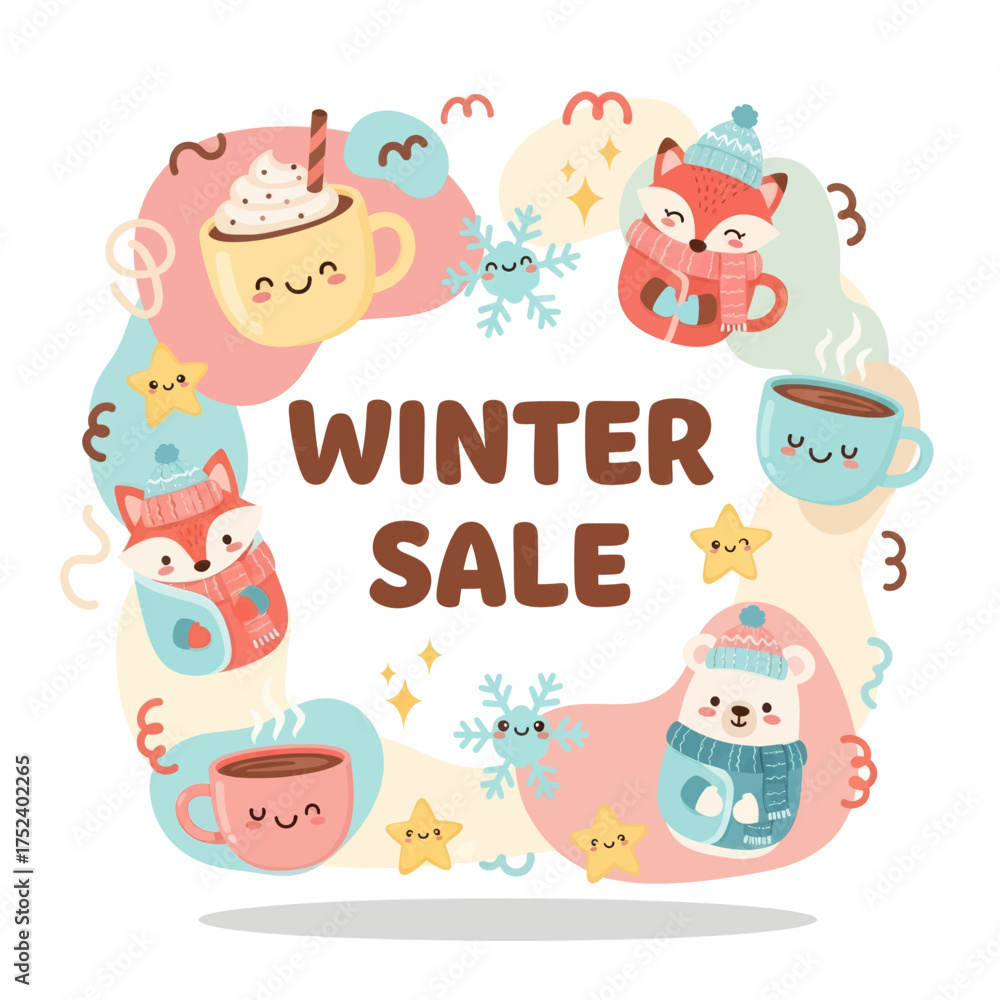 Fototapeta premium Winter sale advertisement with cute animals and hot drinks.