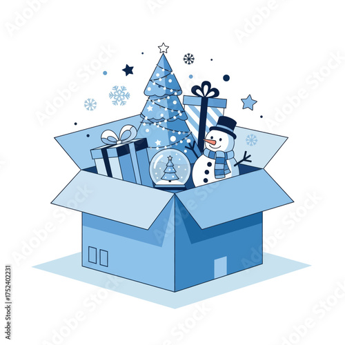 A blue-toned illustration of a cardboard box overflowing with Christmas-themed items, including a decorated tree, gifts, and a snowman.