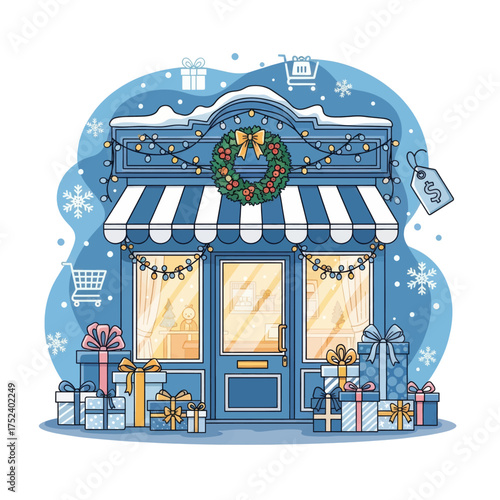 Festive storefront adorned with Christmas decorations, presents, and a welcoming atmosphere.