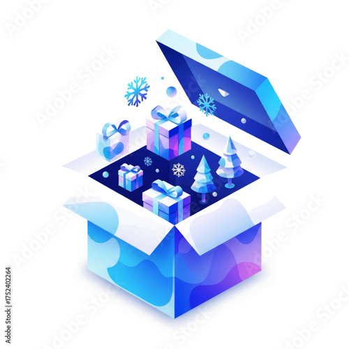 An open gift box filled with presents, snowflakes, and a Christmas tree, all in a vibrant blue and purple color scheme.