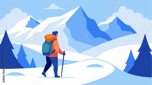 A solo traveler trekking through a snowy landscape bundled up in winter gear with a large backpack and snowcovered mountains ahead.