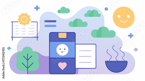 A mental wellness app visualization presenting daily mood trackers journaling options and affirmation prompts within a calming design.