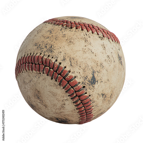 Worn baseball with red stitching and dirt marks against a black background