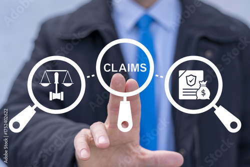 Business person using virtual touch screen presses the word CLAIMS. Insurance Claim Concept. Update personal information, registration claim document. Tax filing, report your income information.