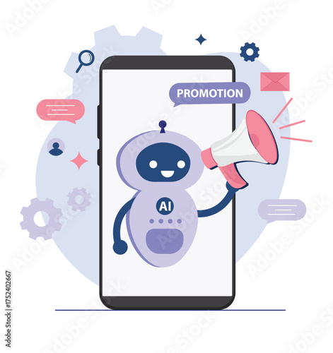 Online chat bot support Job search recruitment Marketing automation concept Robot shouting out a message with bullhorn