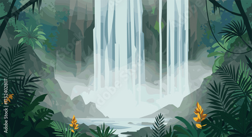 Mystic jungle waterfall in lush tropical forest setting