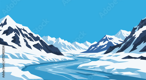 Majestic snowy mountain landscape with icy river under blue sky