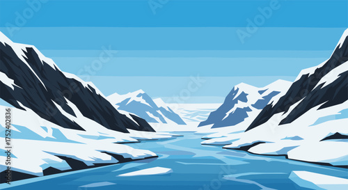 Pristine arctic landscape with mountains and icy river against clear sky