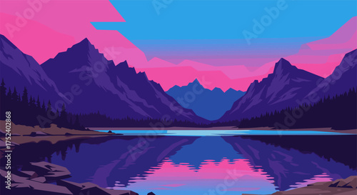 Vibrant mountain landscape with pink sky and reflective lake at sunset