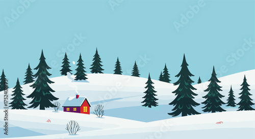 Cozy winter cabin in snowy pine forest with crisp blue sky