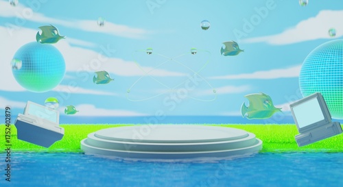 retro-future y2k 2000s frutiger aero aqua web 2.0 gloss with stage podium for product display showcase, 3d illustration rendering abstract background, technology and nature environment concept
